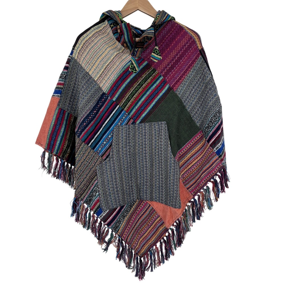 Multicolor Patchwork Hooded Poncho Sweater